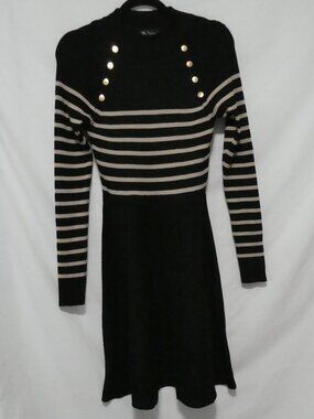 BCX DRESS Lurex Stripe Button Detail Fit and Flare Sweater Dress - Size Medium